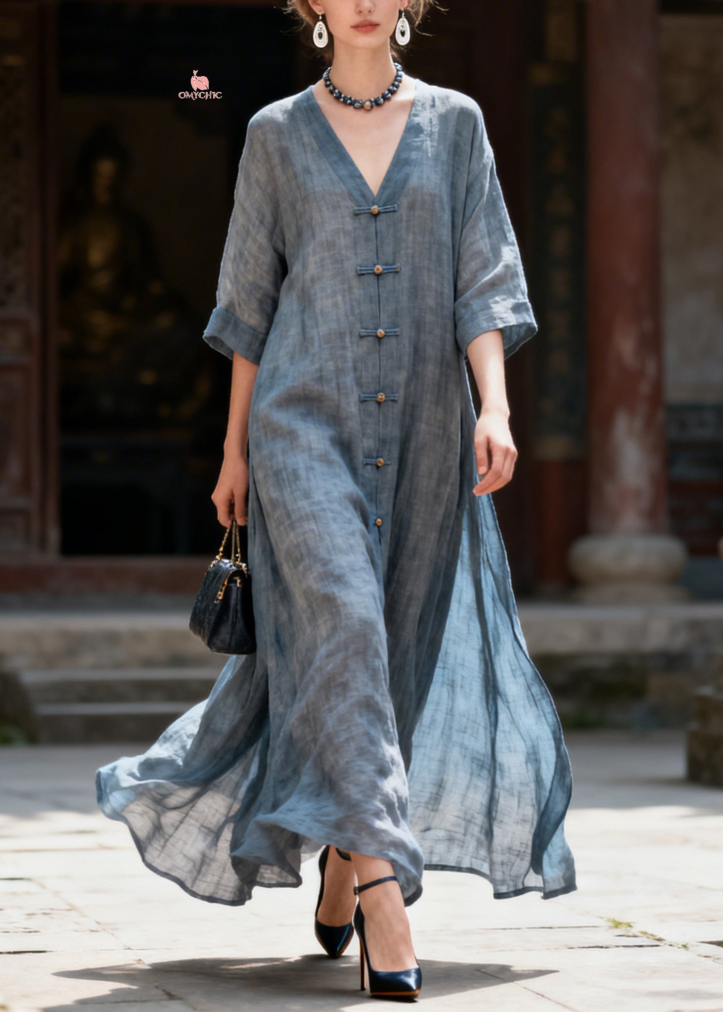 Natural Blue Patchwork Long Dress Half Sleeve