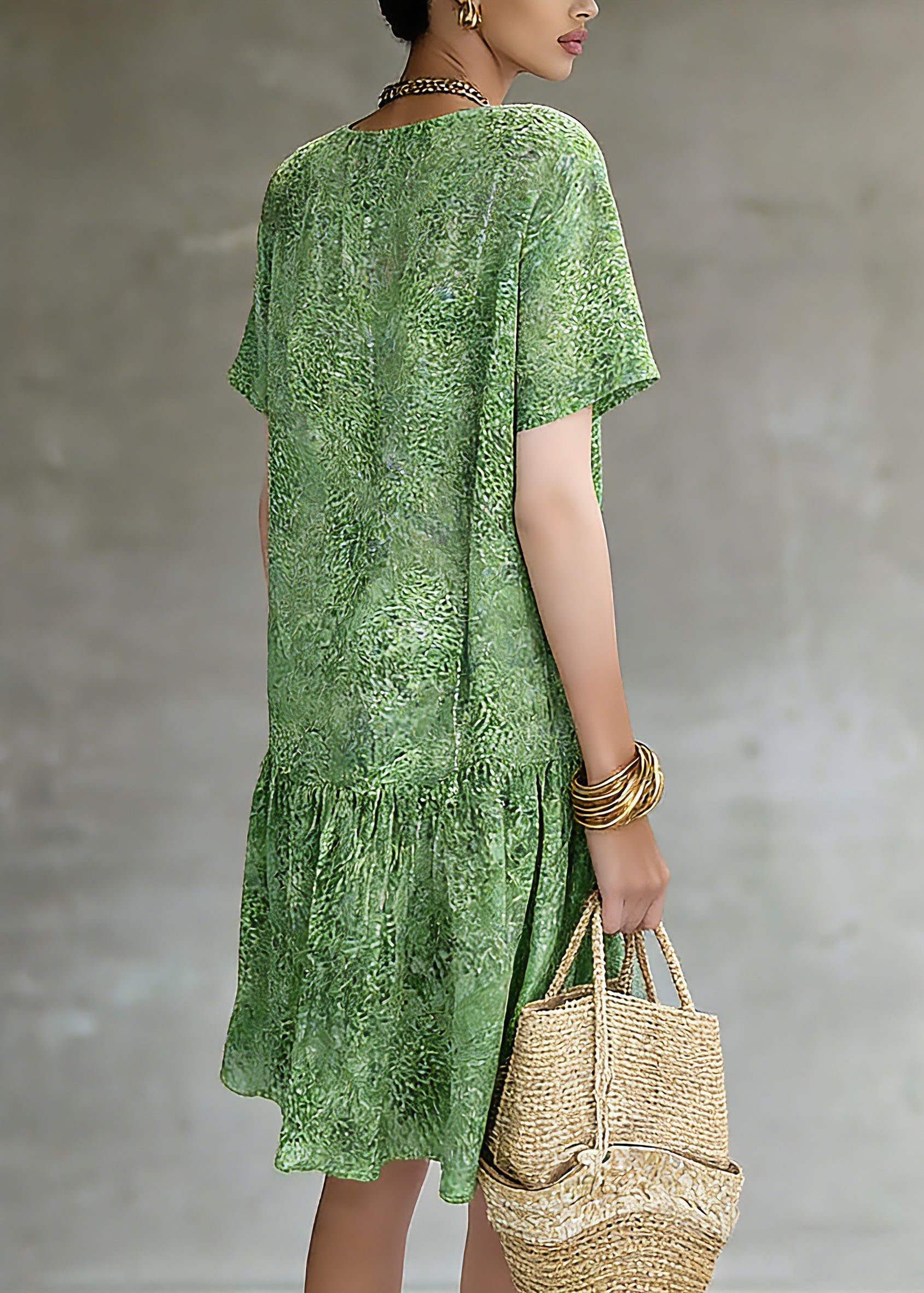 Natural Green Print Patchwork Long Dresses Short Sleeve