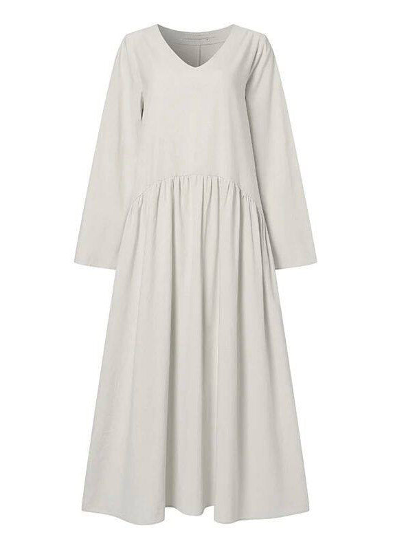 Natural White Wrinkled Patchwork Maxi Dress Long Sleeve