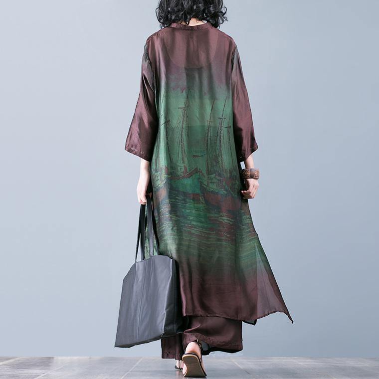 Natural With Wide Leg Pants Green Prints Silk Oversized Dresses Summer Two Pieces