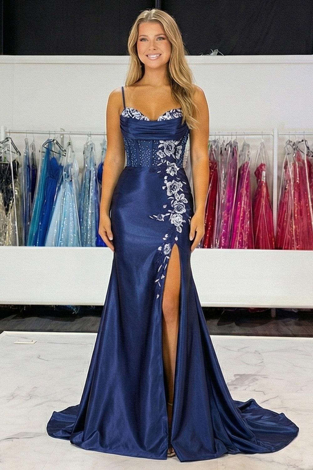 Suzhoufashion Navy Floral Satin Prom Dress Beaded Mermaid Corset Long Formal Dress With Slit