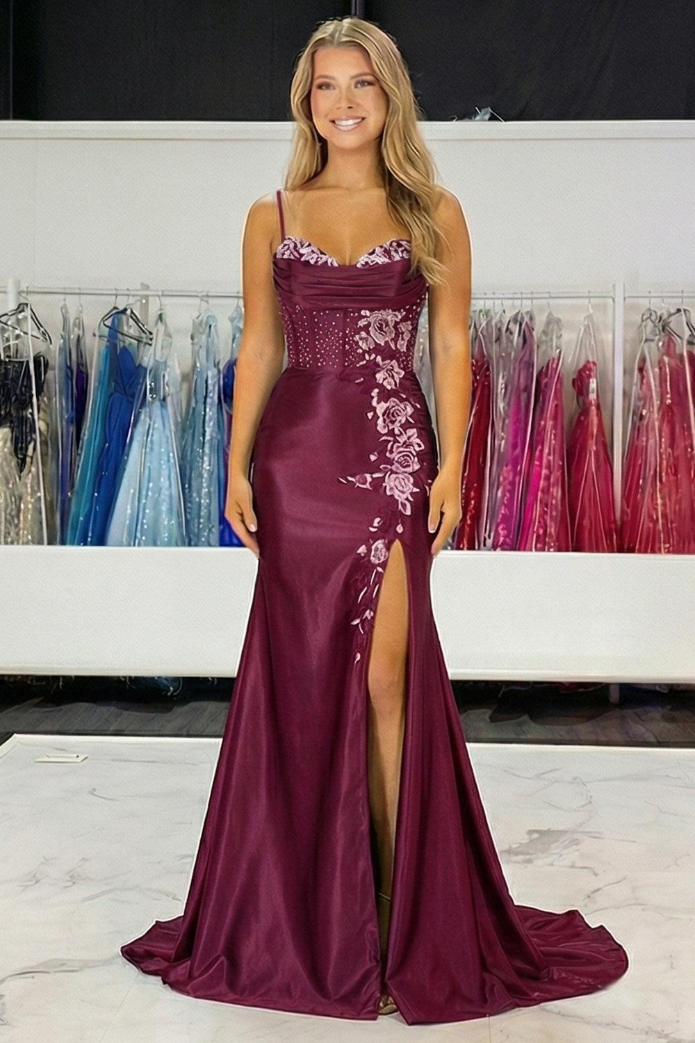 Suzhoufashion Navy Floral Satin Prom Dress Beaded Mermaid Corset Long Formal Dress With Slit