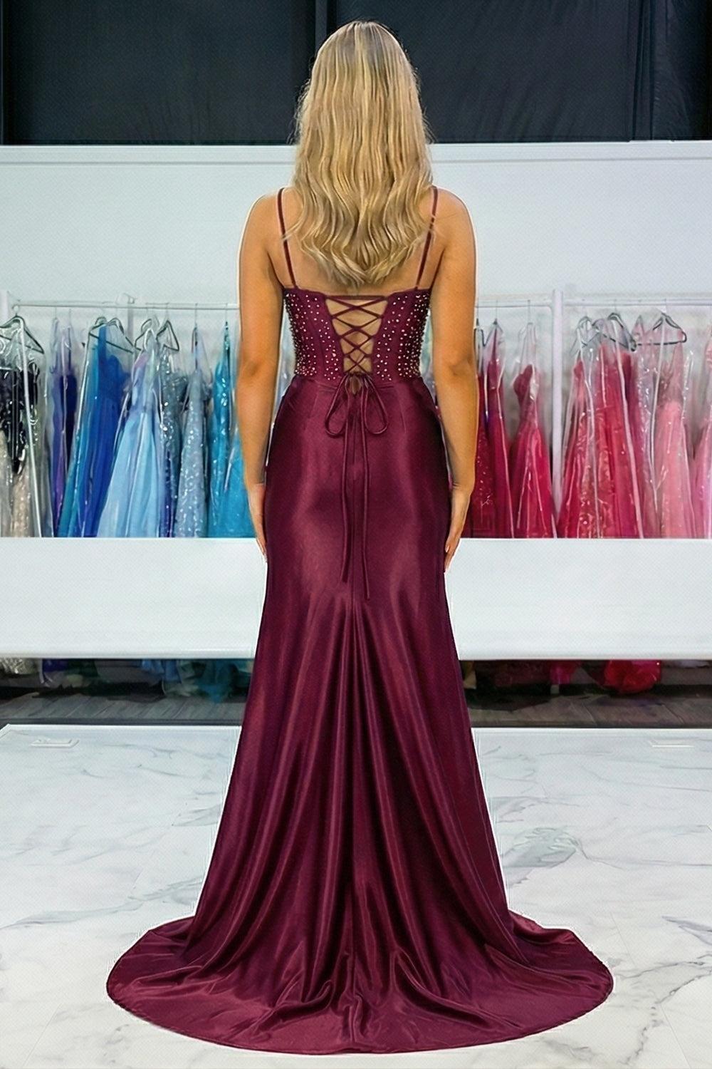 Suzhoufashion Navy Floral Satin Prom Dress Beaded Mermaid Corset Long Formal Dress With Slit