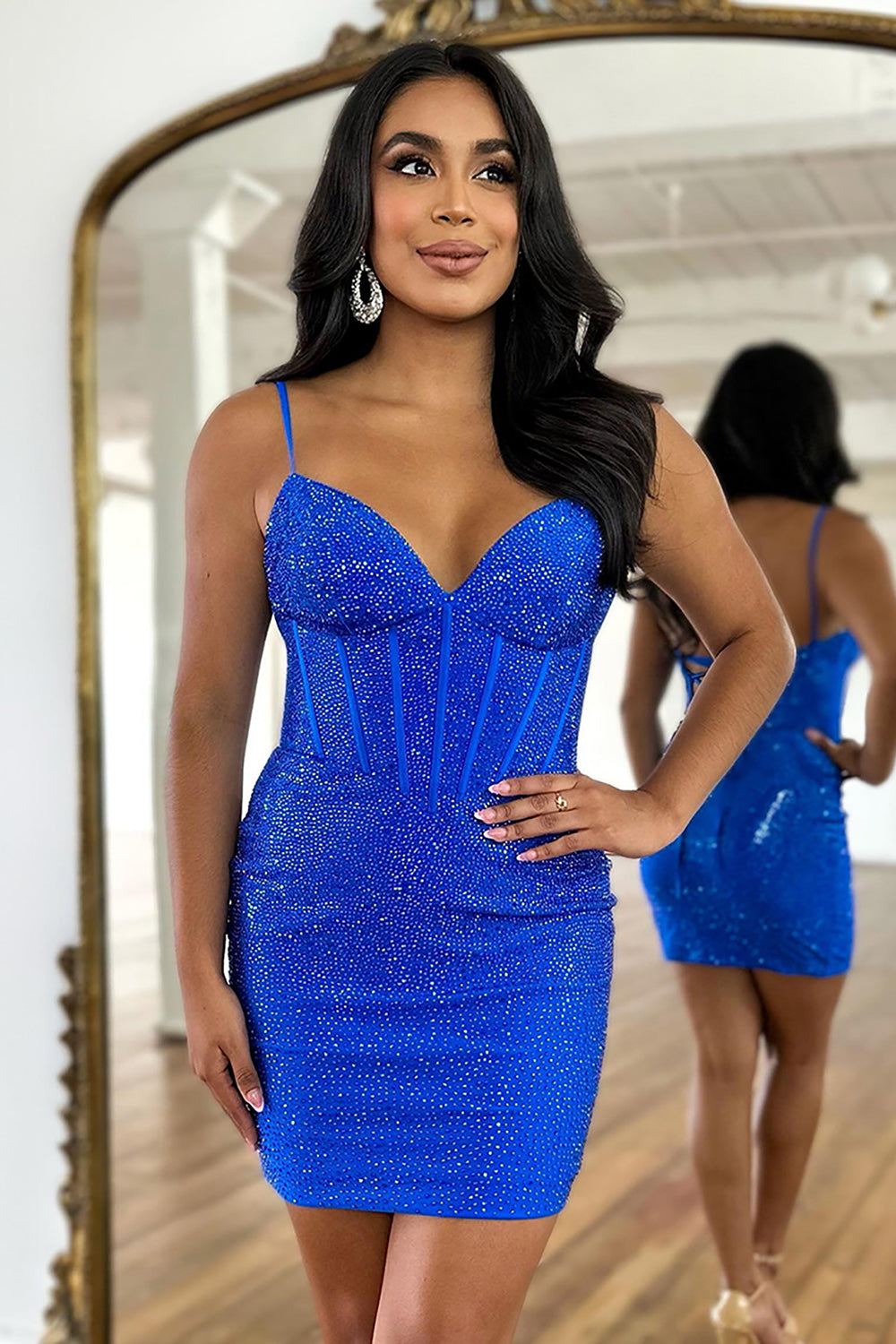 Navy Homecoming Dresses Beaded Lace-Up Back Corset Tight Short Cocktail Dresses