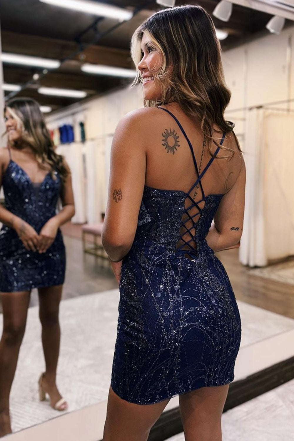 Navy Homecoming Dresses Corset Sequin Tight Short Cocktail Dresses