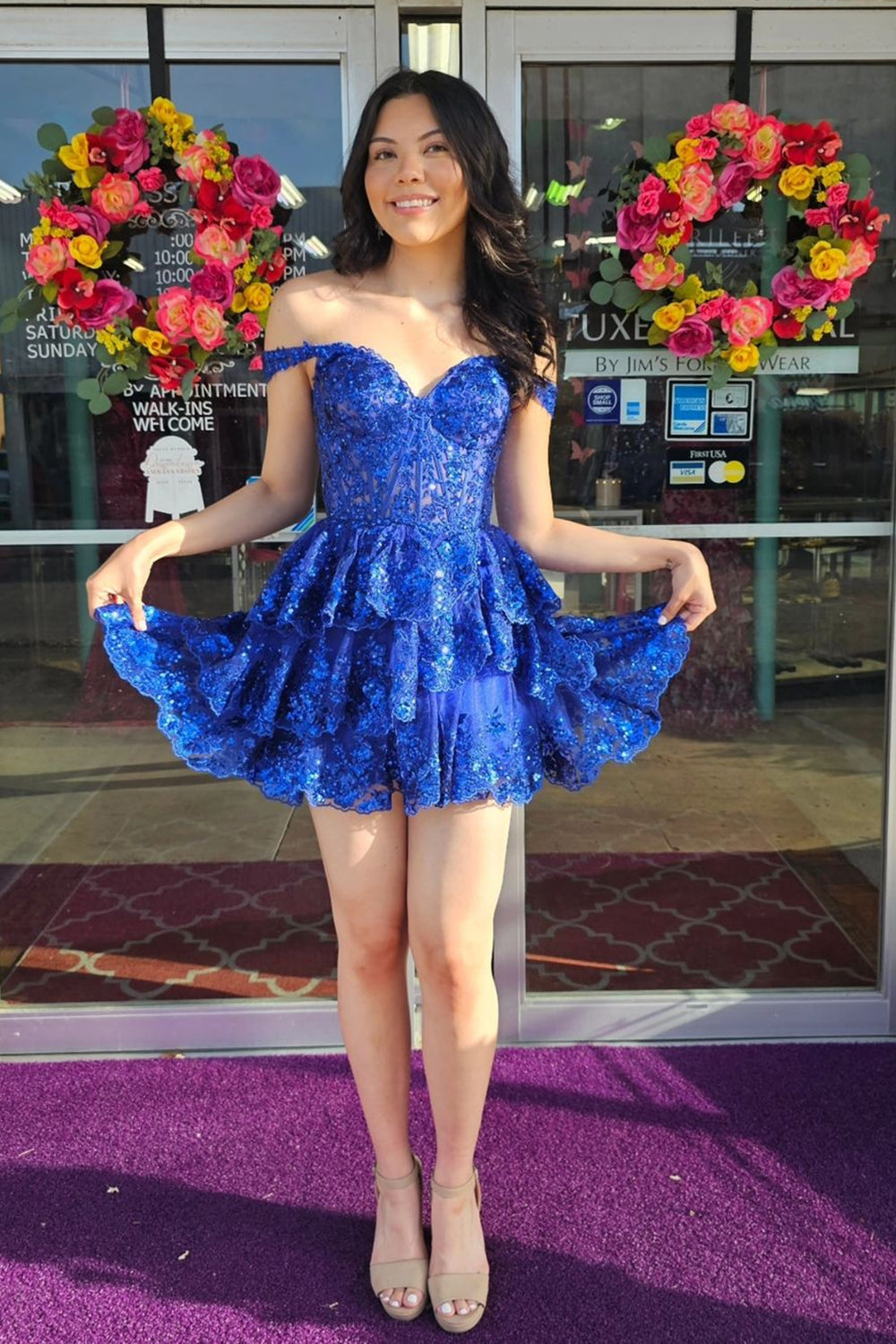 Navy Homecoming Dresses Corset Tiered Lace A-Line Short Cocktail Dresses