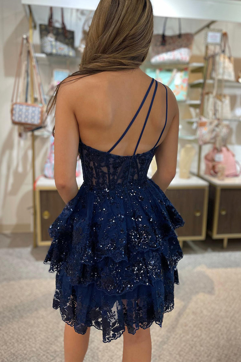 Pink Homecoming Dresses Tiered Lace One Shoulder Short Cocktail Dresses