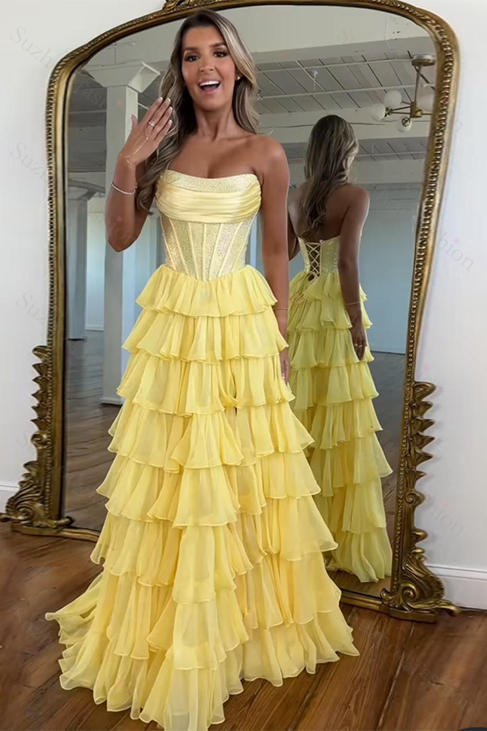 Navy Prom Dress A Line Strapless Corset Long Chiffon Formal Dress