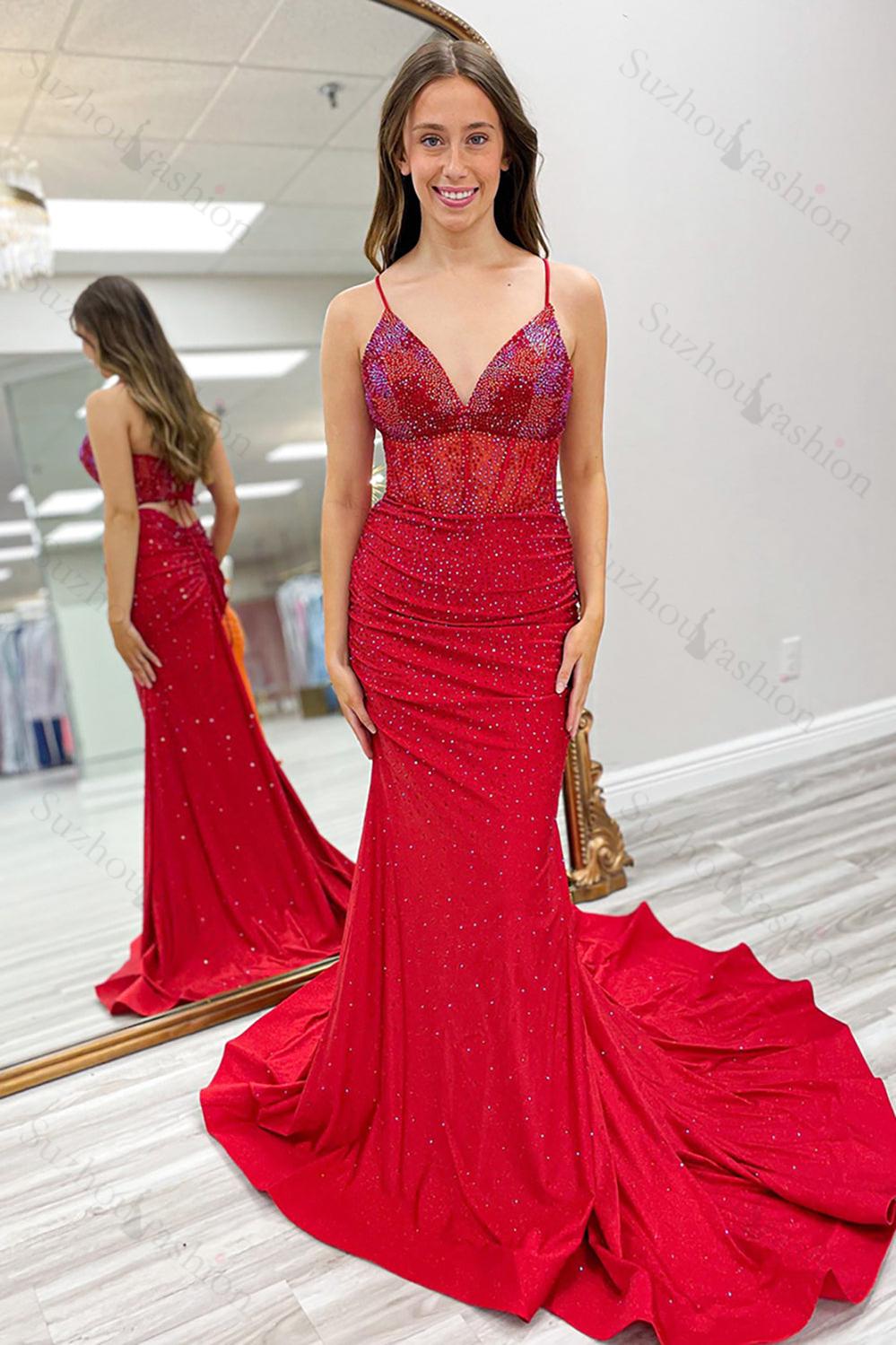 Navy Prom Dress Beaded Mermaid Spaghetti Straps Long Formal Dress