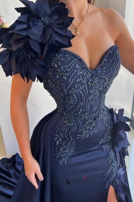 Navy Prom Dress One Shoulder Sleeveless Panel Train Satin Formal Dress With 3D Flowers