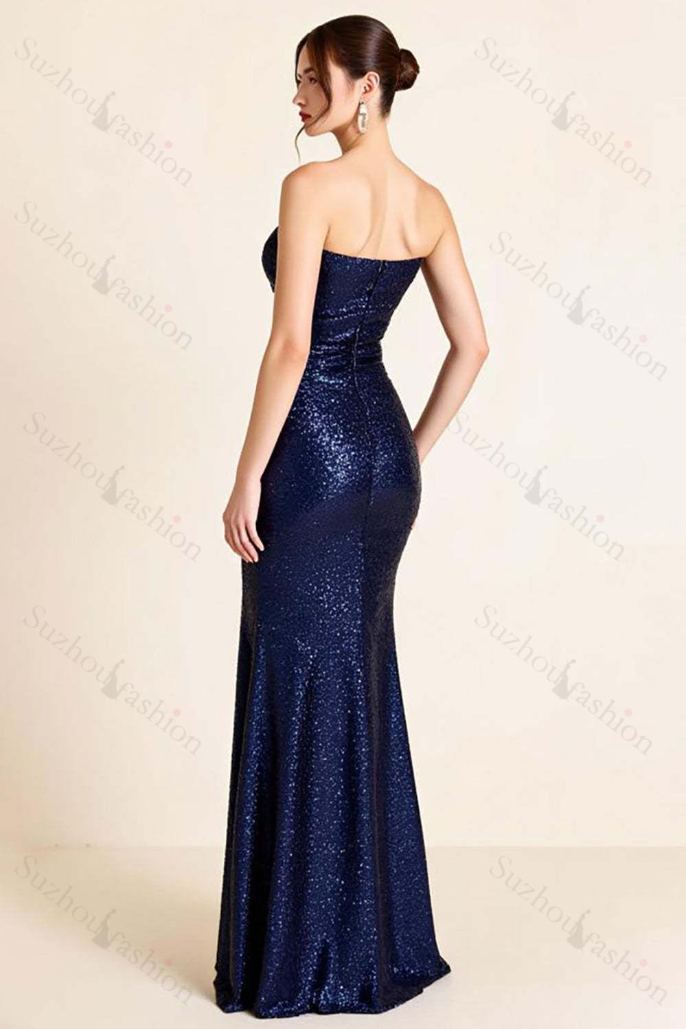 Navy Prom Dress Sequin Strapless Long Mermaid Formal Dress With Slit