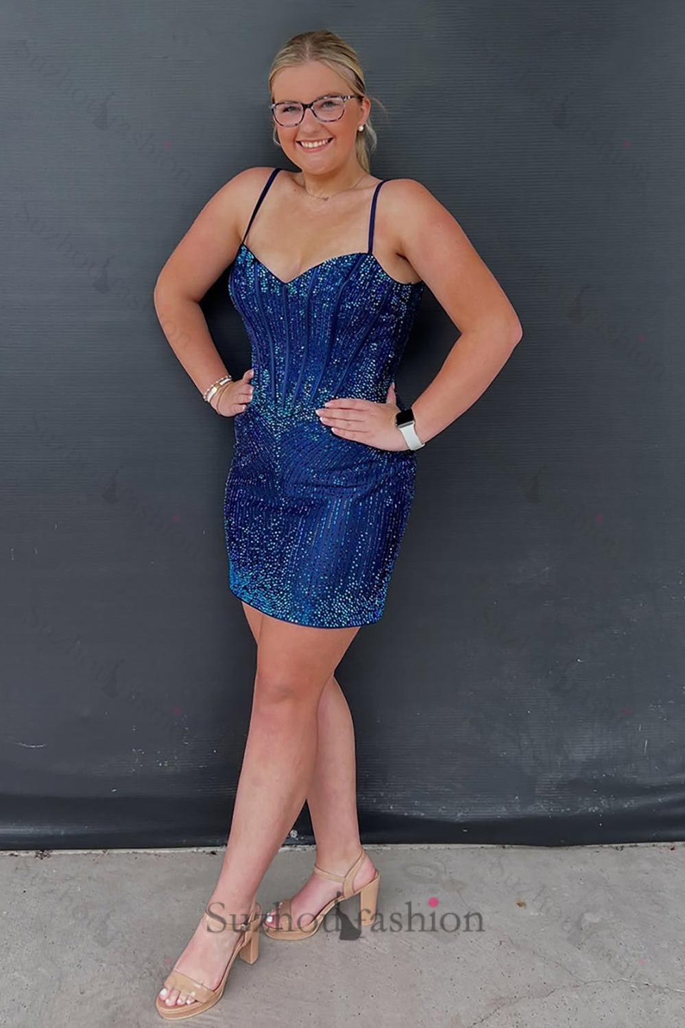 Navy Tight Homecoming Dresses Beaded Short Corset Cocktail Dresses