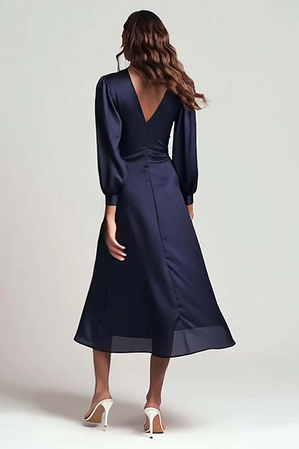 Suzhoufashion Navy V-Neck Satin Backless Ruched Midi Prom Dress With Sleeves