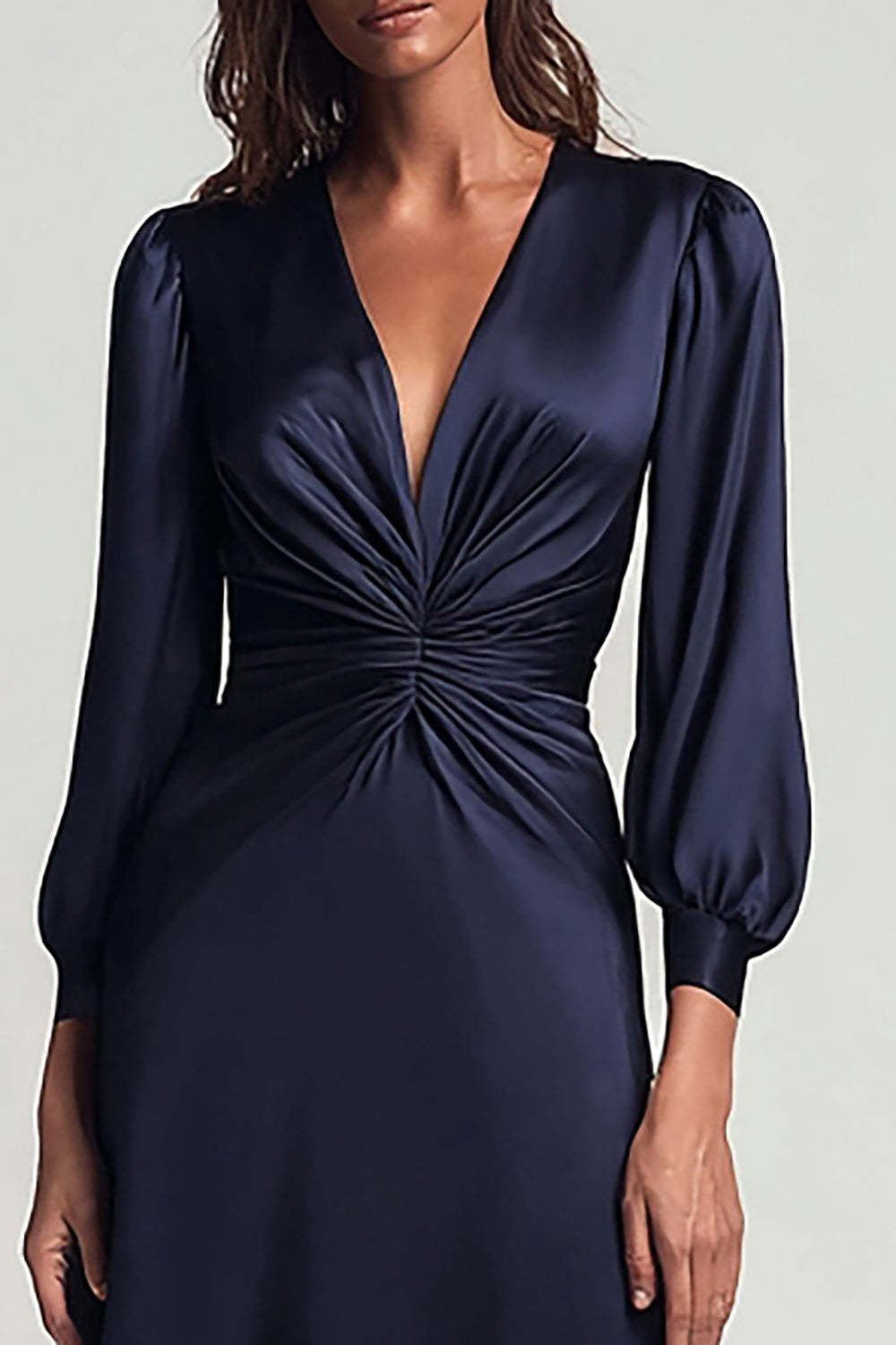 Suzhoufashion Navy V-Neck Satin Backless Ruched Midi Prom Dress With Sleeves