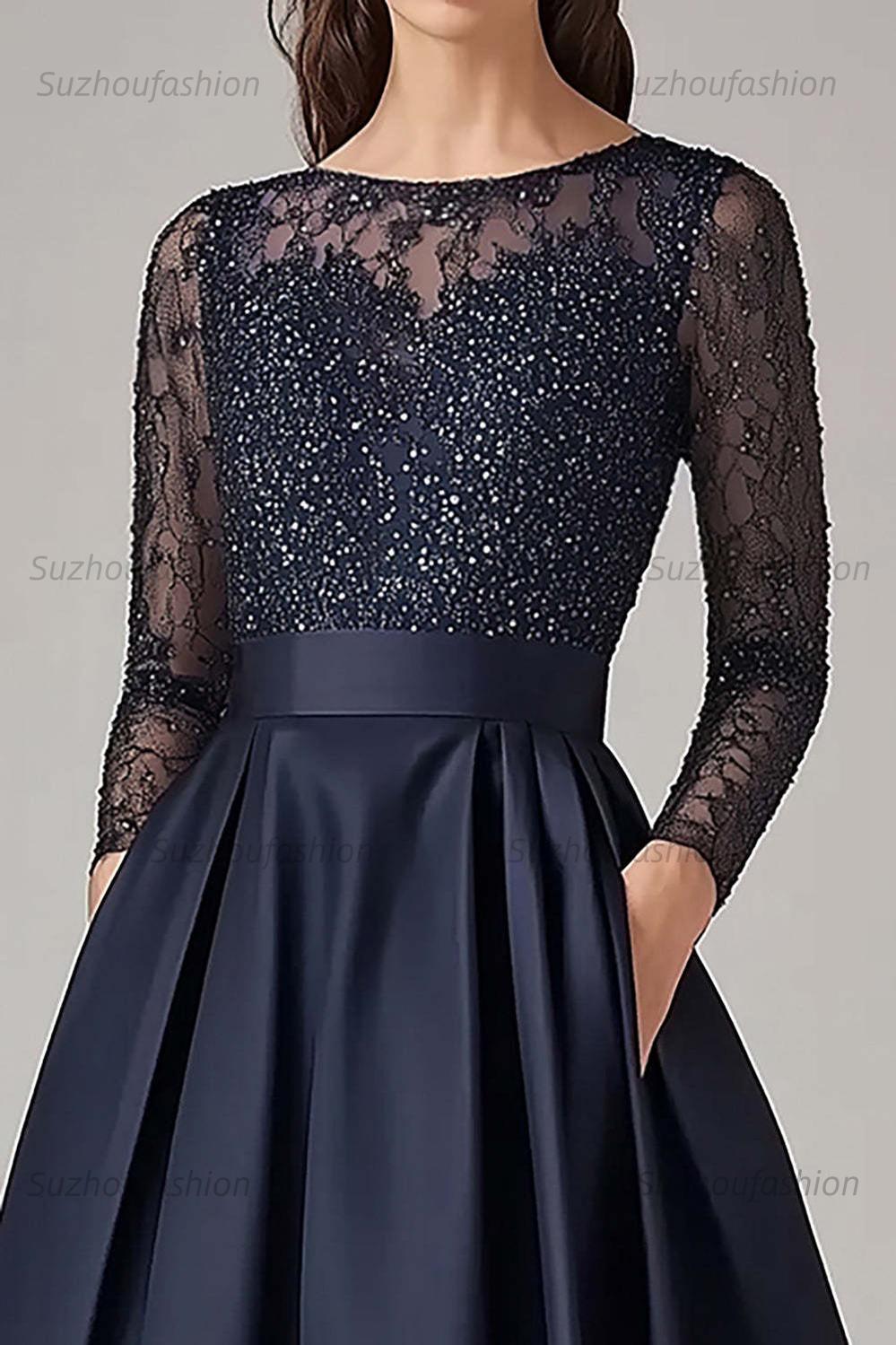 Navy Wedding Guest Dress Beaded A Line Long Sleeves Formal Dress With Lace