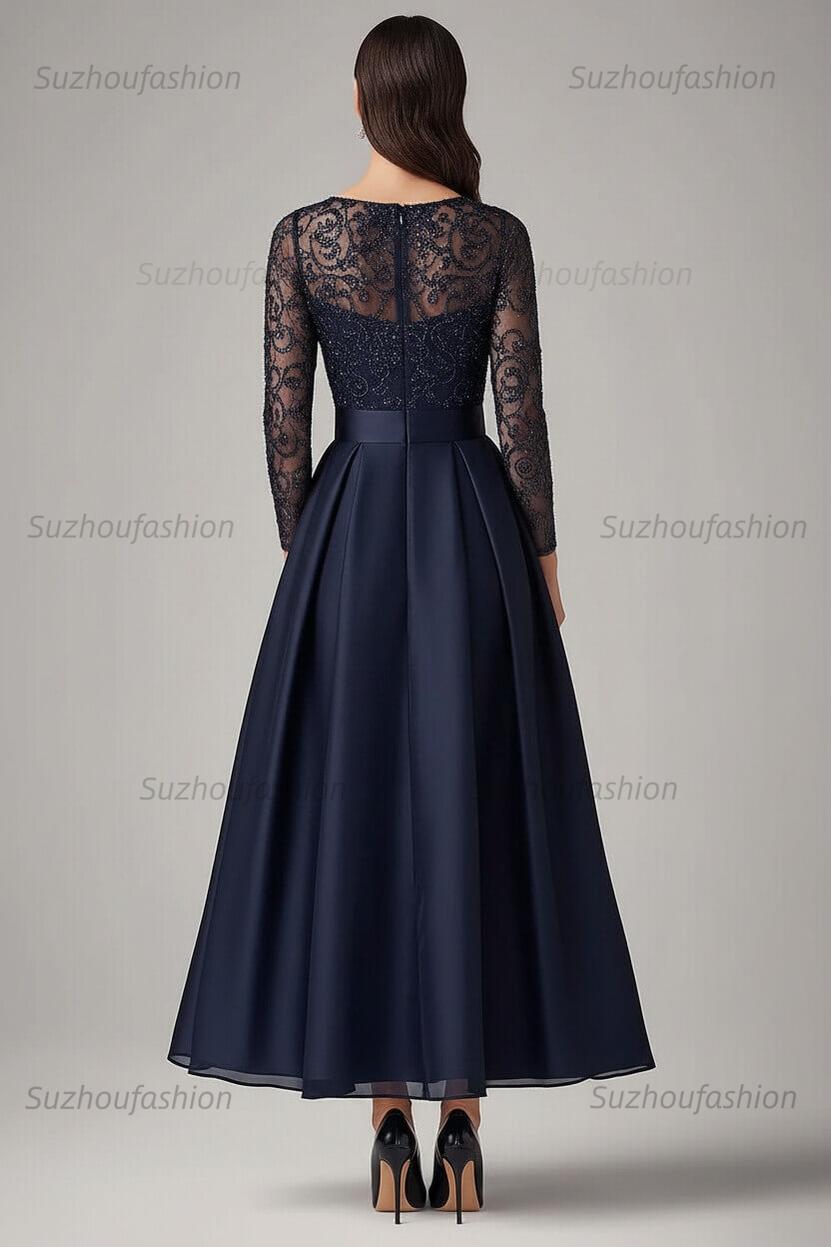Navy Wedding Guest Dress Beaded A Line Long Sleeves Formal Dress With Lace