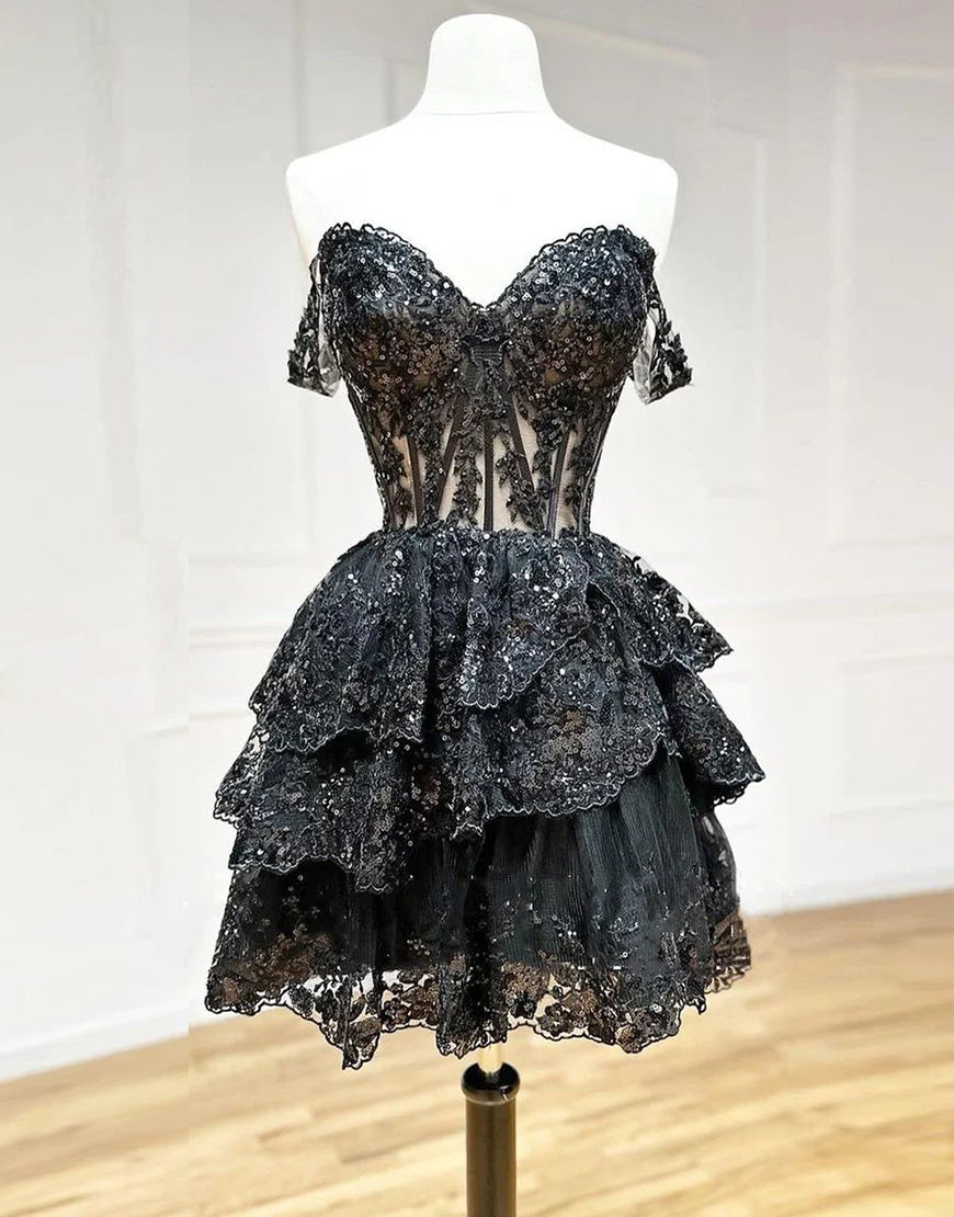 Stunning A-Line Off The Shoulder Tiered Glitter Homecoming Dress With Appliques