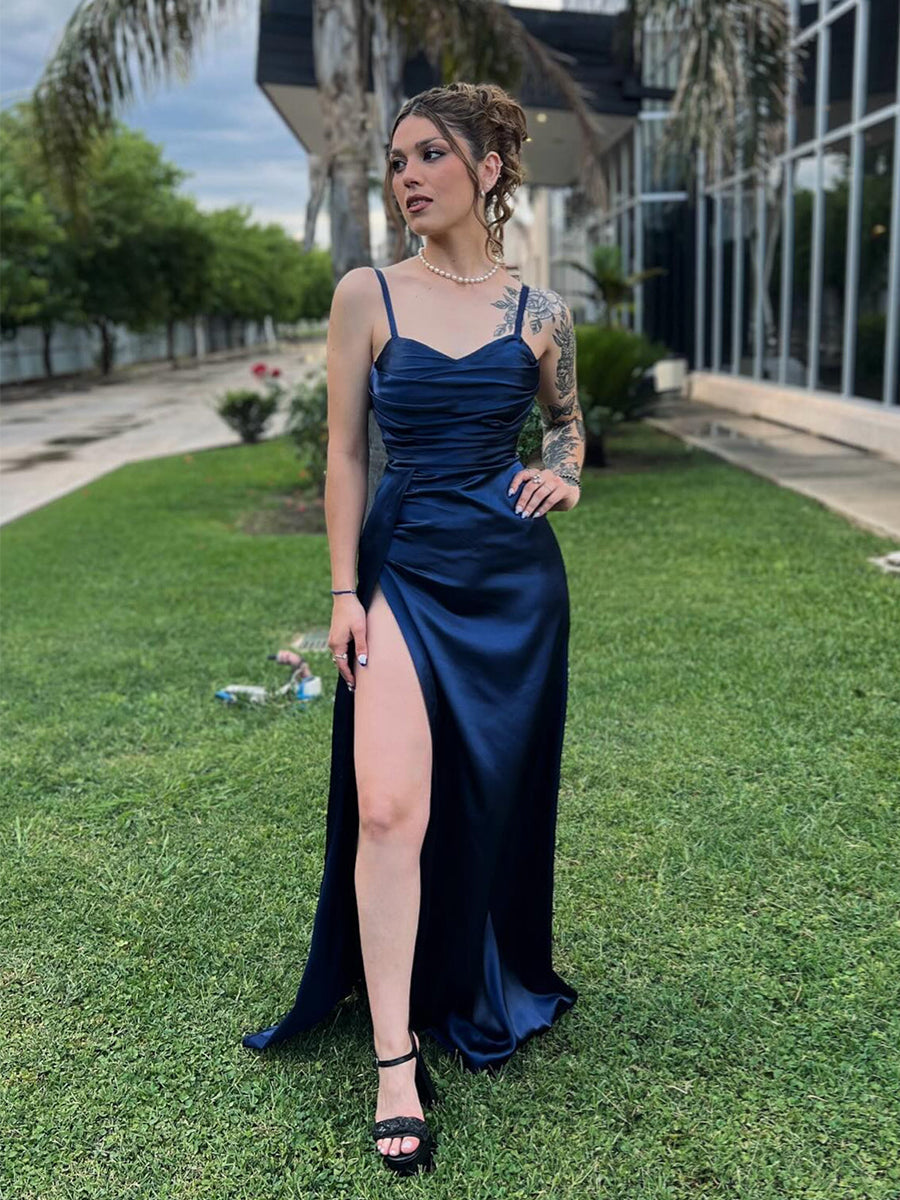 Navy Blue Ruched Satin Spaghetti Strap Long Prom Dress - VelvetHem