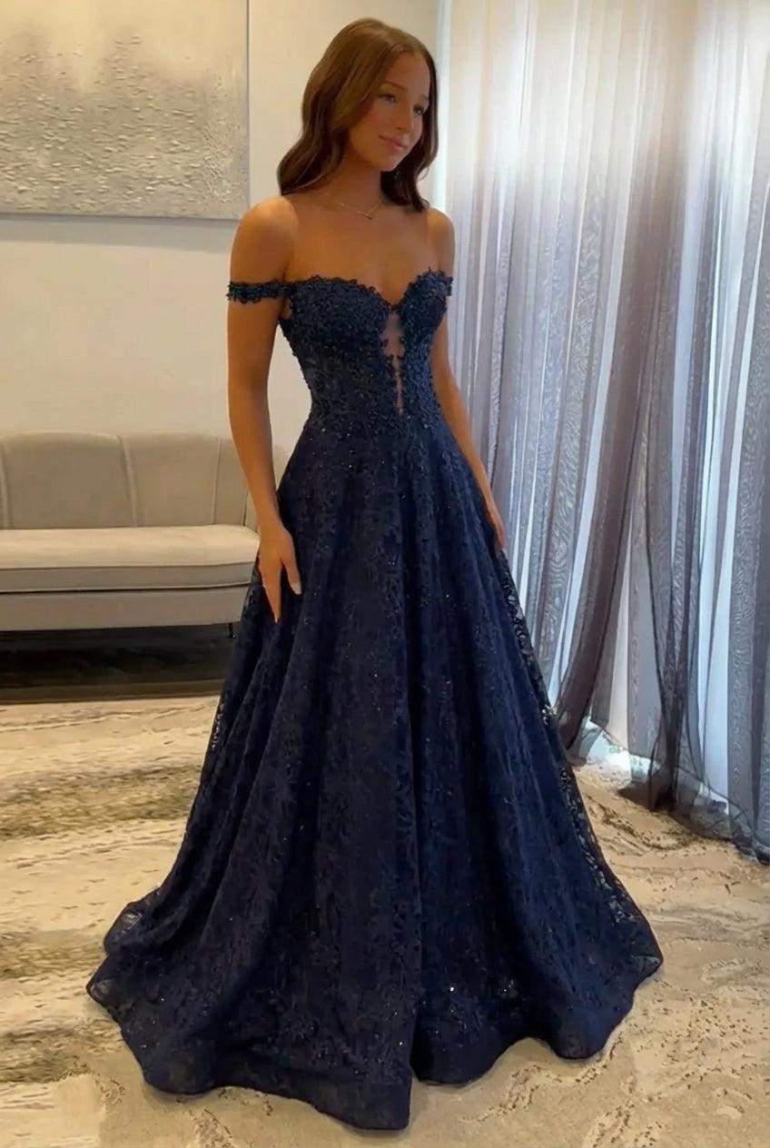 Navy Prom Dress Off The Shoulder A Line Long Lace Formal Dress
