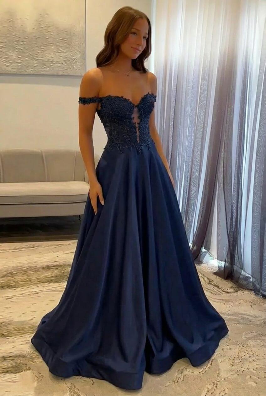 Navy Satin Prom Dress Off The Shoulder A Line Long Lace Formal Dress
