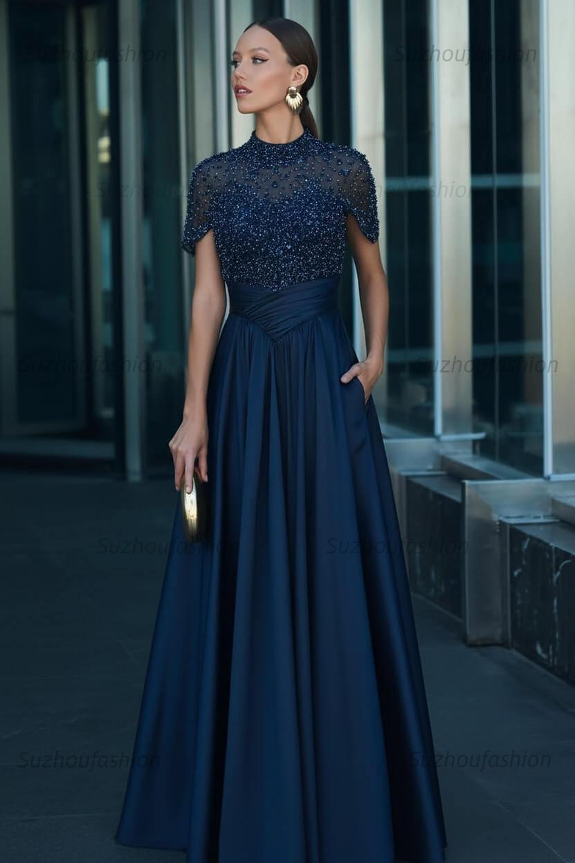 High Neck Short Sleeves Long Evening Formal Dress With Beading Pockets