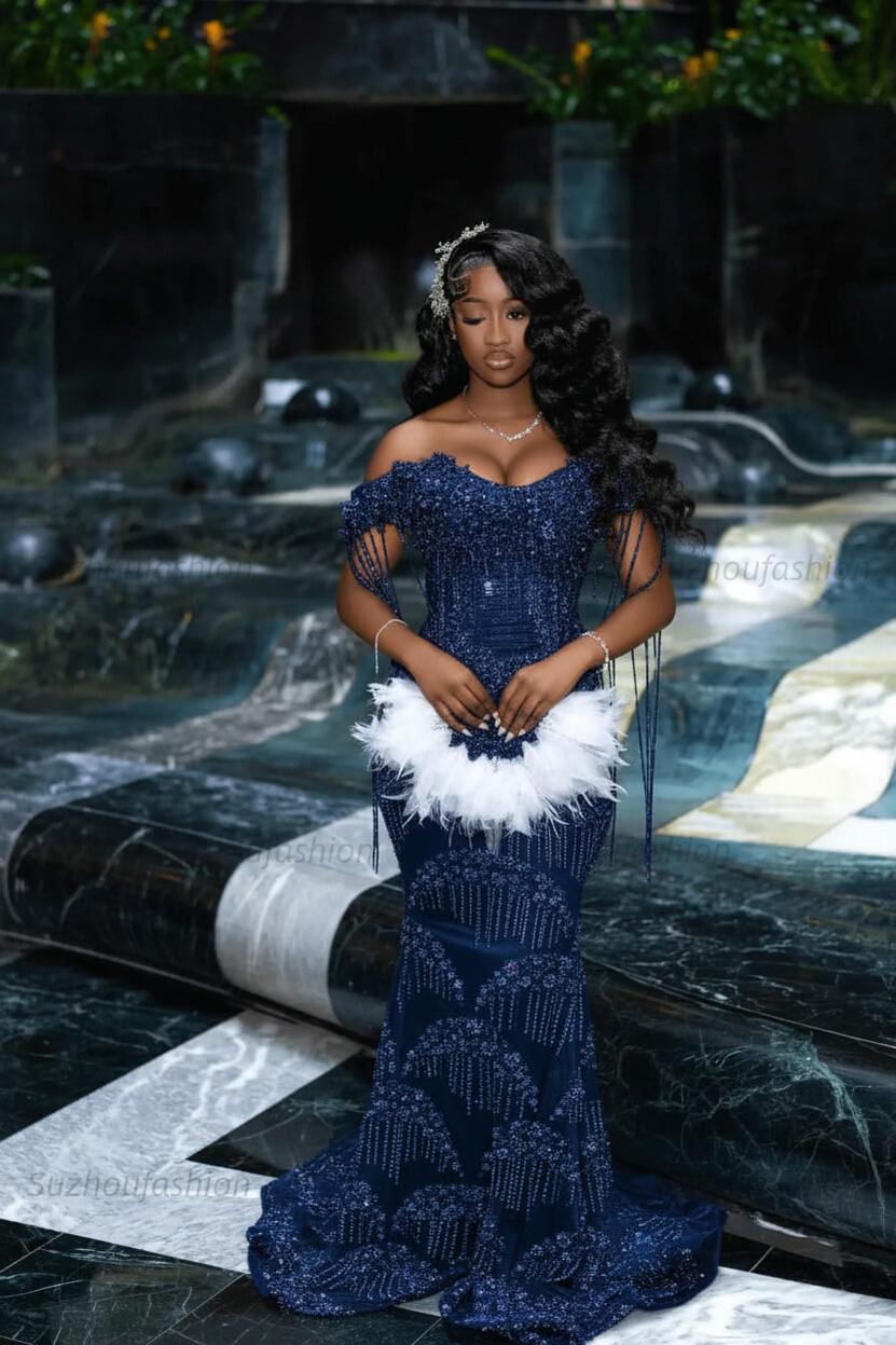 Off the Shoulder Prom Dress Mermaid Formal Evening Dress with Beadings and Rhinestones