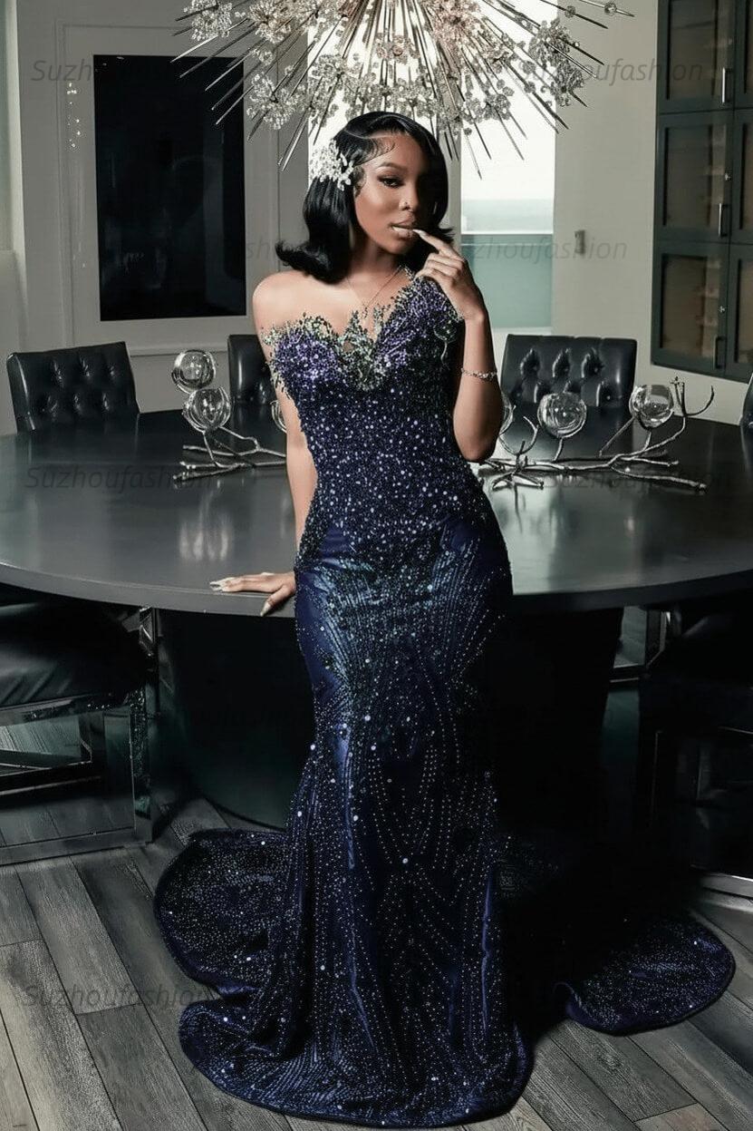 Green Mermaid Prom Dress Sleeveless Formal Evening Dress with Beadings and Rhinestones