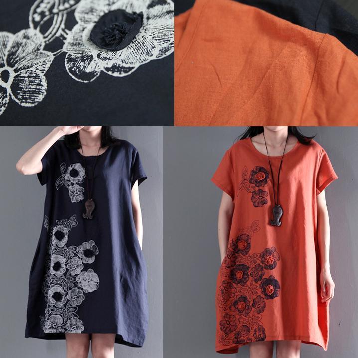 Navy Embroideries flower linen sundresses summer shift dress blouse