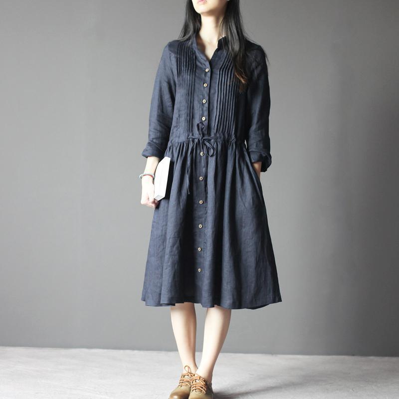Navy Retro Linen dress long sleeve sundresses Plus size Casual style