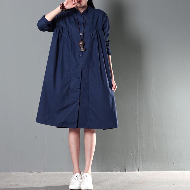 Navy blue oversize women linen shirt dress plus size cotton blouse top