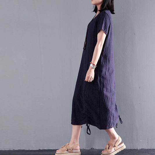 Navy drawstring linen maxi dress for summer unique long sundresses