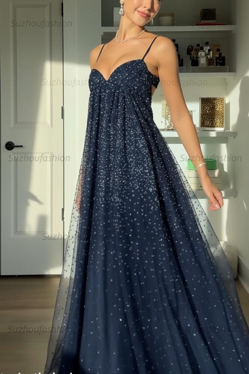 Suzhoufashion Bling A Line Spaghetti Straps Grey Blue Long Party Dress With Beading Formal Evening Gown