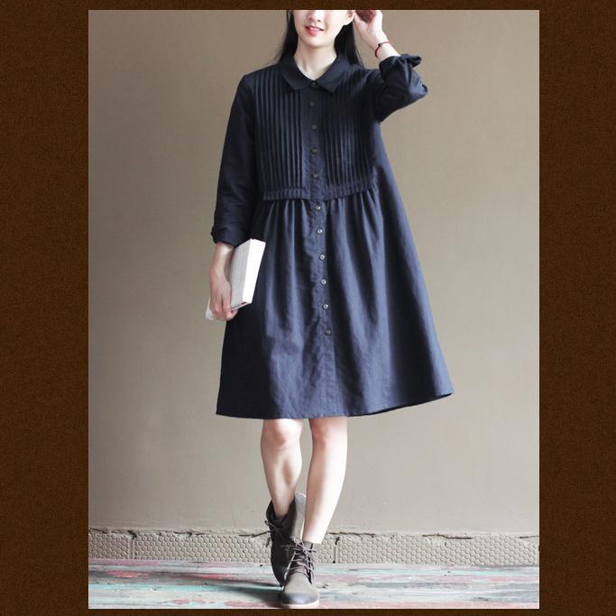 Navy pleated breast cotton dresses original design linen dress