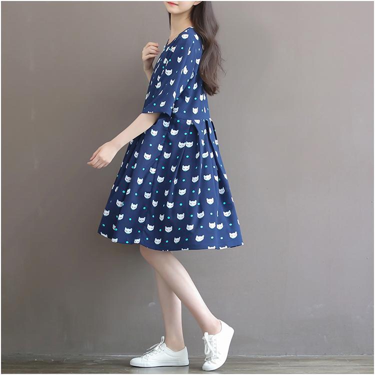 Navy plus size fox print sundress cotton summer dresses linen dress oversize