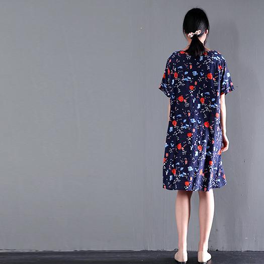 Navy print cotton dress for summer short shift dress plus size