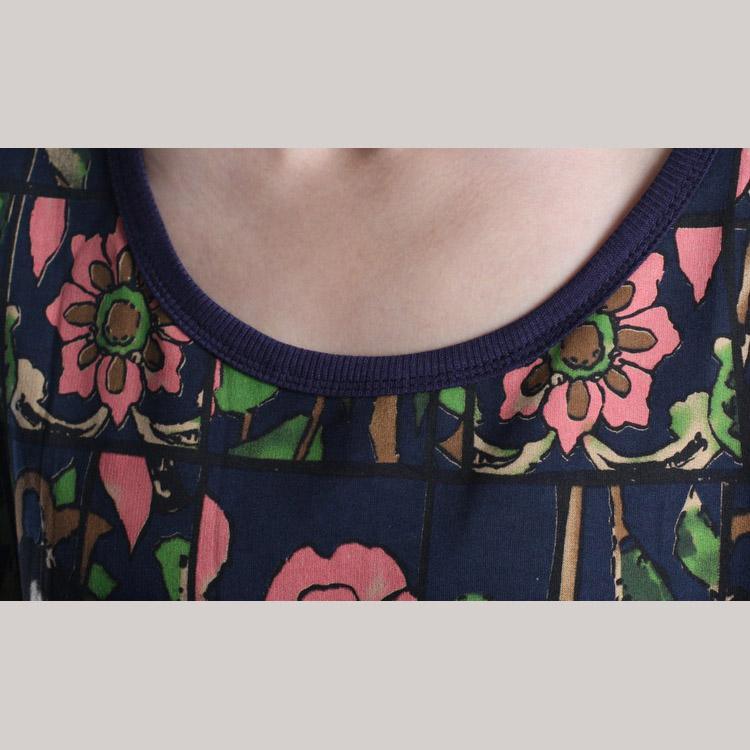 Navy print oversize cotton summer dress plus size sundress 3 quarter sleeve