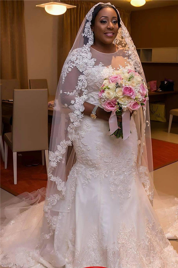 New Appliques Sheer Scoop Mermaid Lace Tulle Half-Sleeve Wedding Dresses BA3984