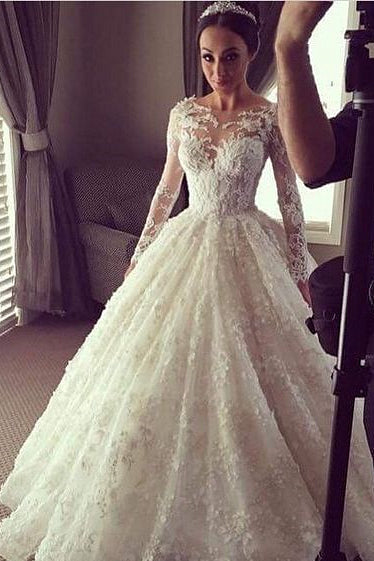 New Arrival Ball Gown Princess Dress Long Sleeve 3D Lace Wedding Dress BA2810