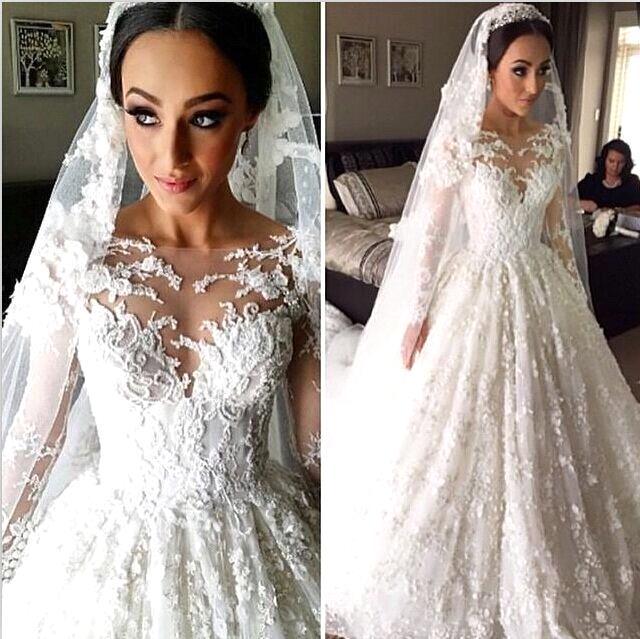 New Arrival Ball Gown Princess Dress Long Sleeve 3D Lace Wedding Dress BA2810