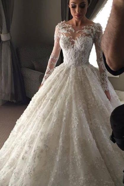 New Arrival Ball Gown Princess Dress Long Sleeve 3D Lace Wedding Dress BA2810