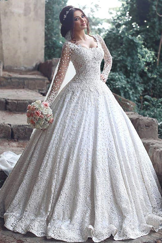 New Arrival Long Sleeve Bridal Dress Lace Applique Custom Made Wedding Dresses MH069