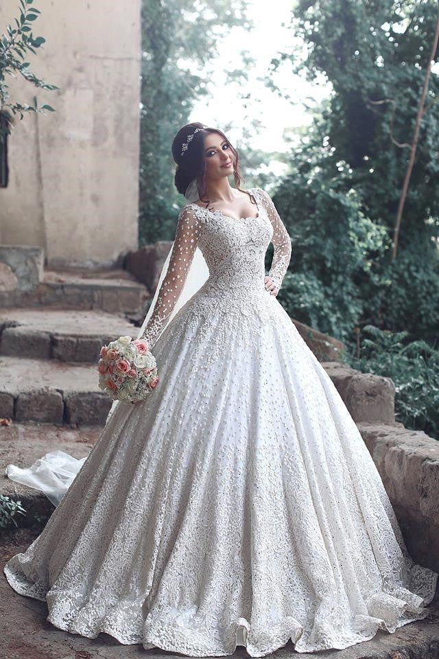 New Arrival Long Sleeve Bridal Dress Lace Applique Custom Made Wedding Dresses MH069