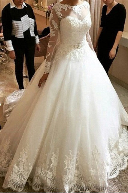 New Arrival Long Sleeve Lace Bridal Gown A-line Scoop Court Train Wedding Dresses