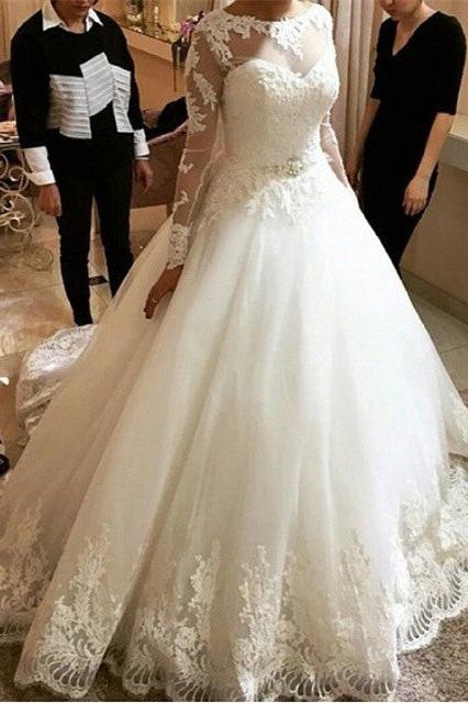 New Arrival Long Sleeve Lace Bridal Gown A-line Scoop Court Train Wedding Dresses
