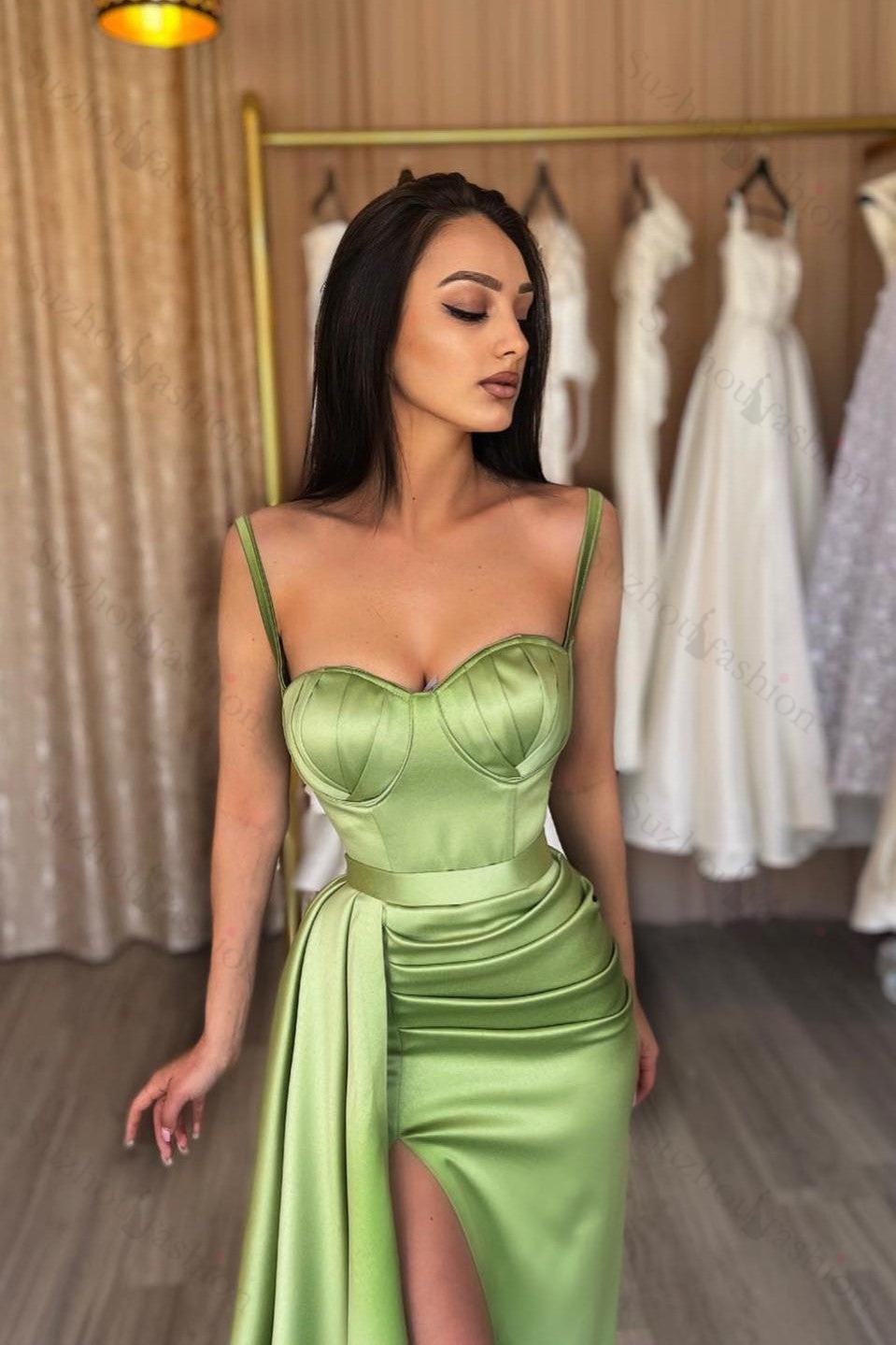 New Arrival Spaghetti-Straps Sage Green Evening Prom Dresses Mermaid Split Long