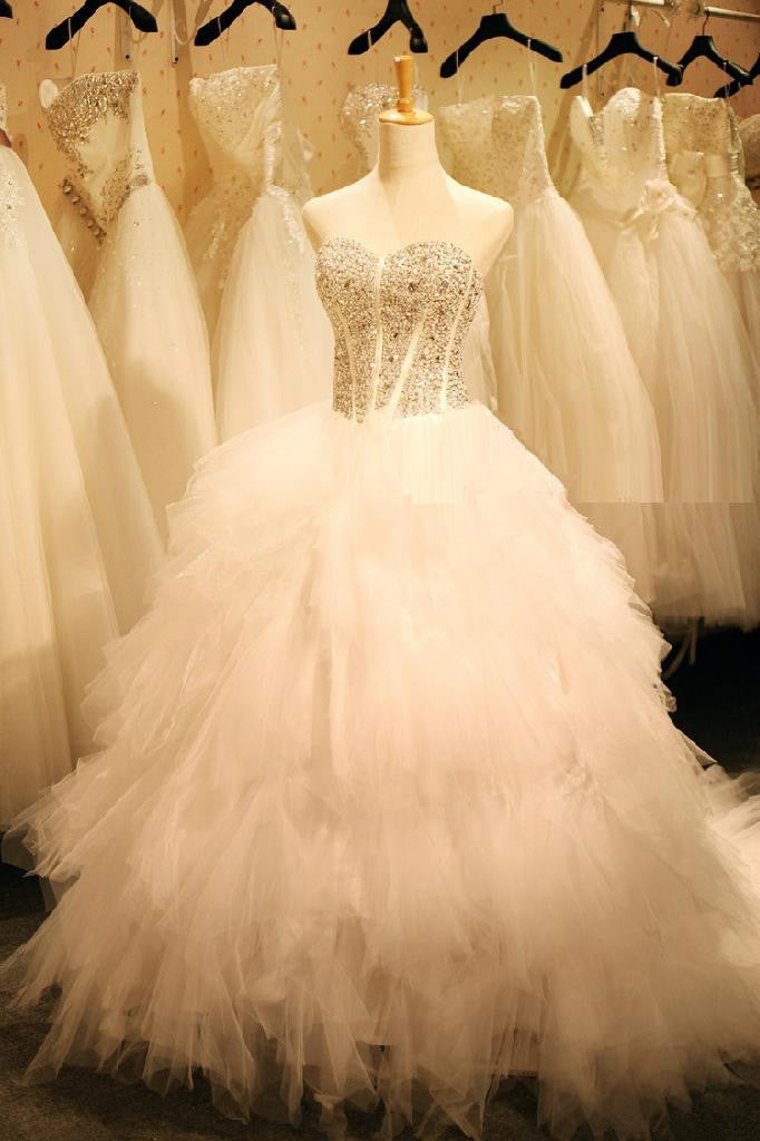 New Arrival Sweetheart Crystal Bridal Gown Gorgeous Lace-Up Organza Long Wedding Dresses