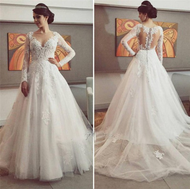 New Arrival Tulle Long Sleeve Wedding Dress Elegant Court Train Lace Applique Bridal Gown