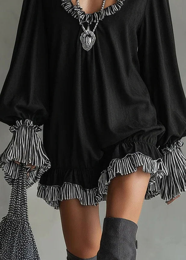New Black Ruffled Patchwork Cotton Mid Dress Fall