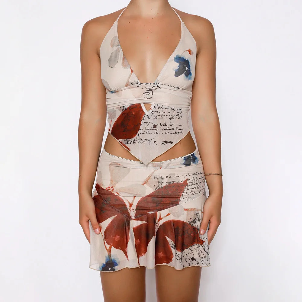DressBetty - Deep V-neck Floral Halter Mini Skirt