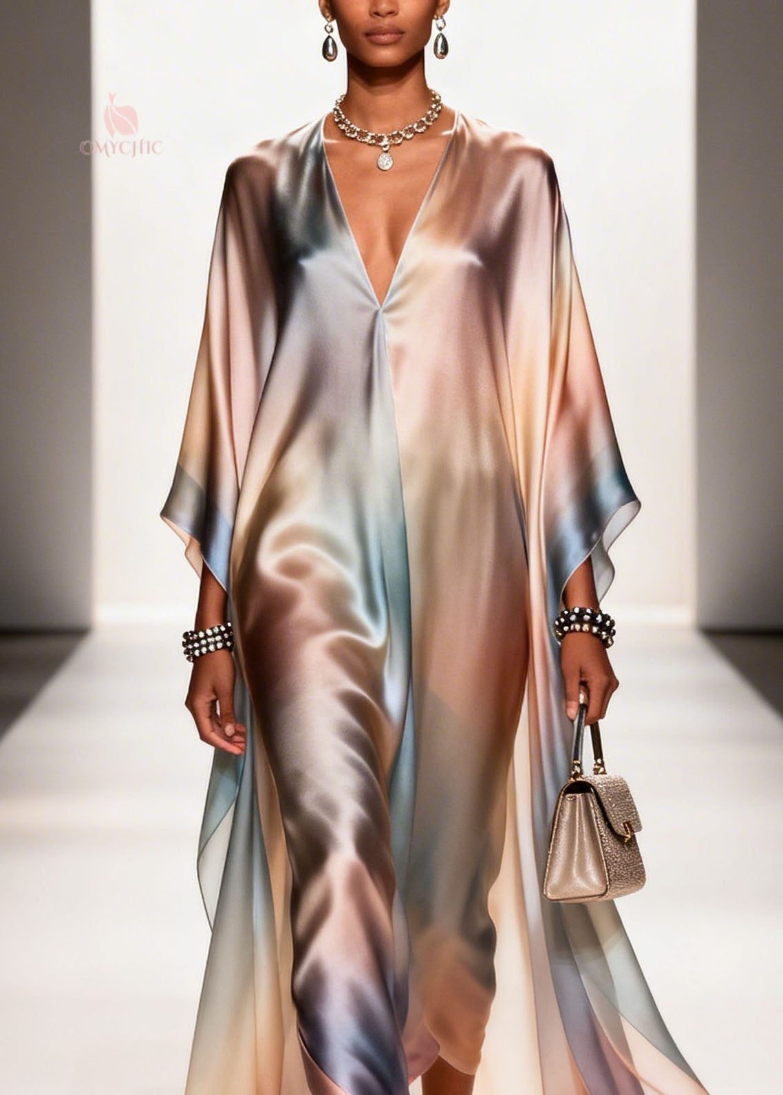 New Gradient Color V Neck Plus Size Chiffon Long Dress Summer